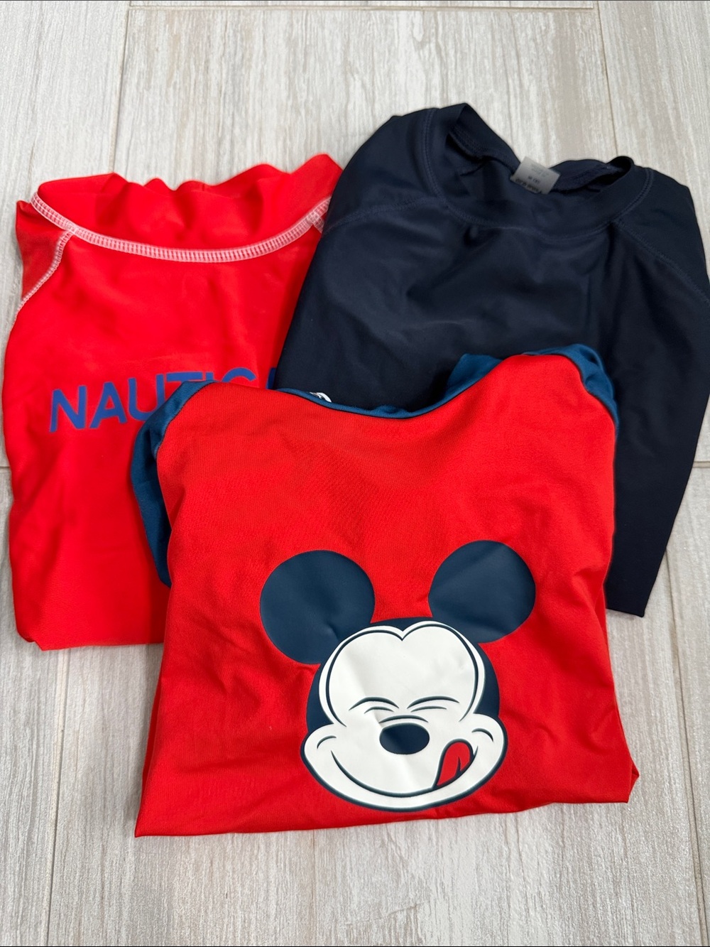3 Bright Red & Navy Kids Swim Tops rash guards medium 7/8 Mickey Mouse, Nautica